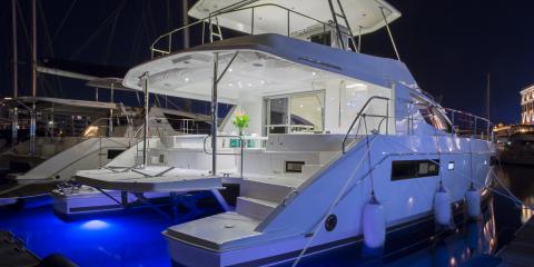 Moorings 514PC exterior lights at night
