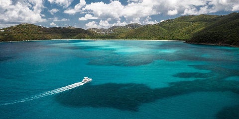 Drone view of power yacht in Magens Bay, USVI